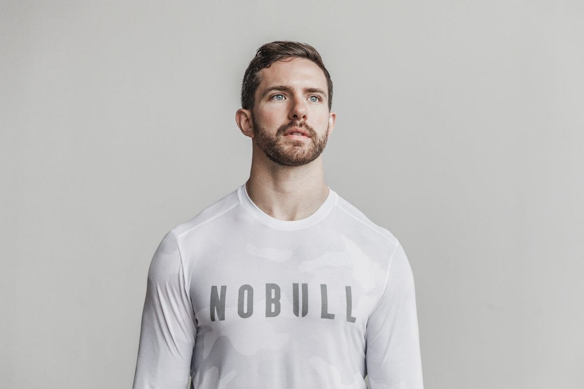 Nobull Men's Long Sleeves White Camo | Australia (VQ7364)